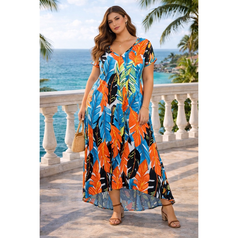 New Womens Plus Size Dress 2XL Tropical Maxi‎ Stretchy Flowy Beach Hem